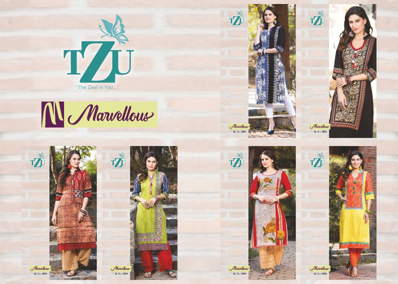 tzu marvellous 1001 TO 1006 rayon new and modern style kurti catalog