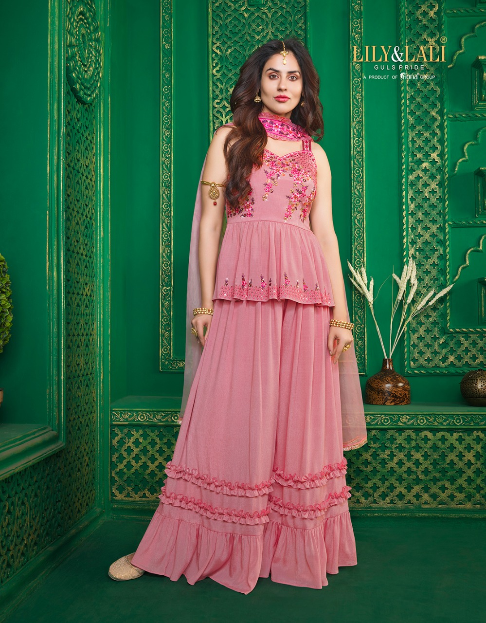 lily and lali spaghetti chinnon new and modern style top with Gharara and sharara dupatta catalog