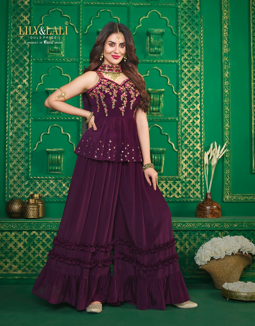 lily and lali spaghetti chinnon new and modern style top with Gharara and sharara dupatta catalog