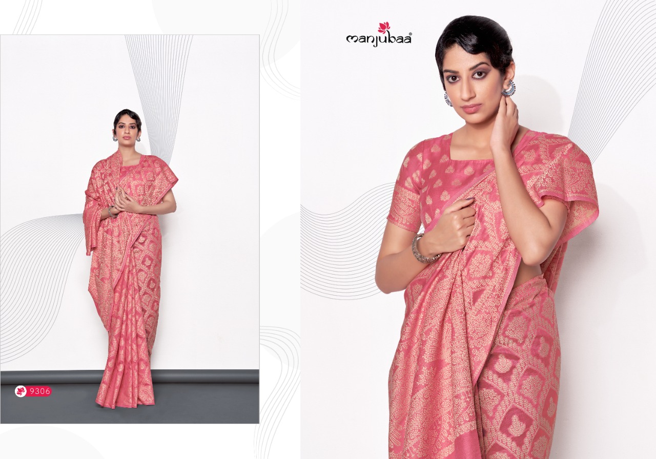 manjubaa Muskaan 3 Silk 9300 Series 9301 To 9306 Lucknowi Cotton graceful look saree catalog