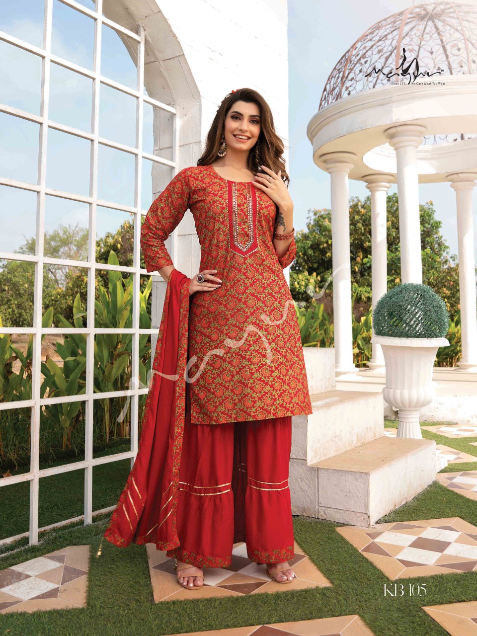 mayur kacha badam rayon gorgeous look top sharara with dupatta catalog
