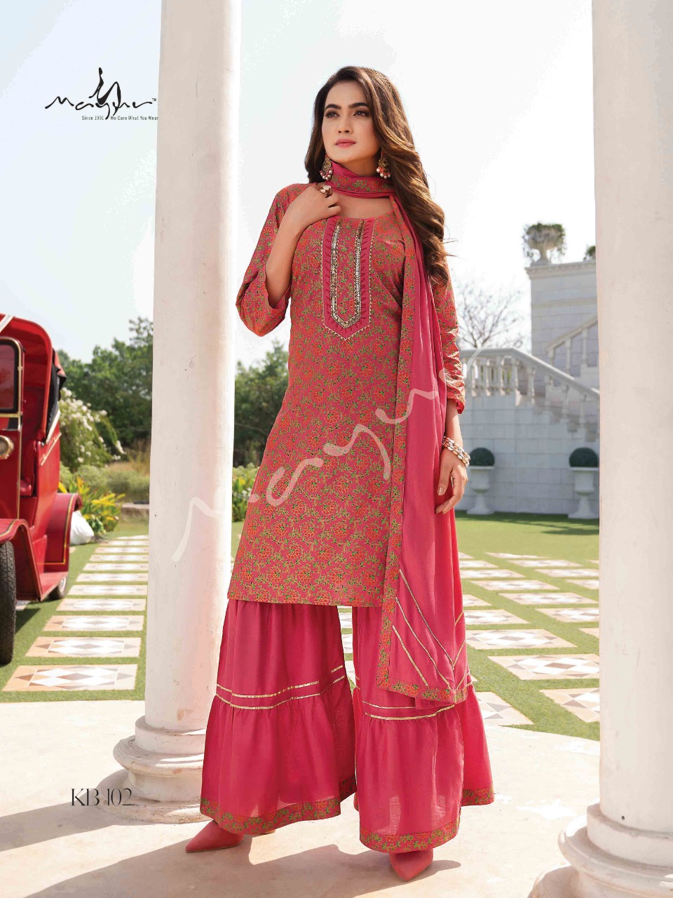 mayur kacha badam rayon gorgeous look top sharara with dupatta catalog
