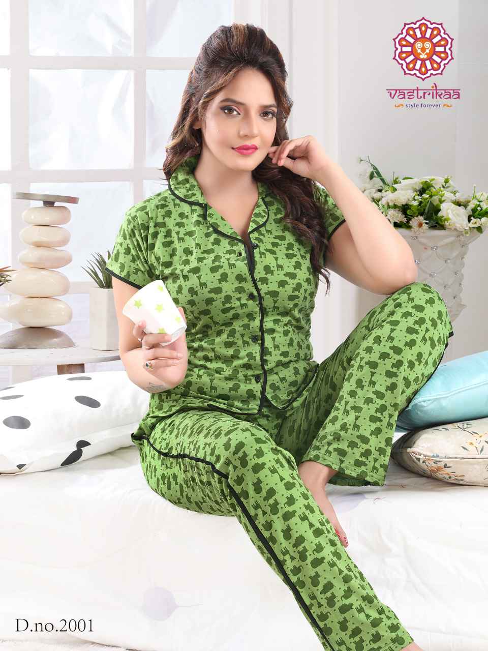 Vastrikaa  Colours Vol 2 Collared Shirt Pattern Lounge Wear with Pocket cotton hosiery beautiful print night dress catalog