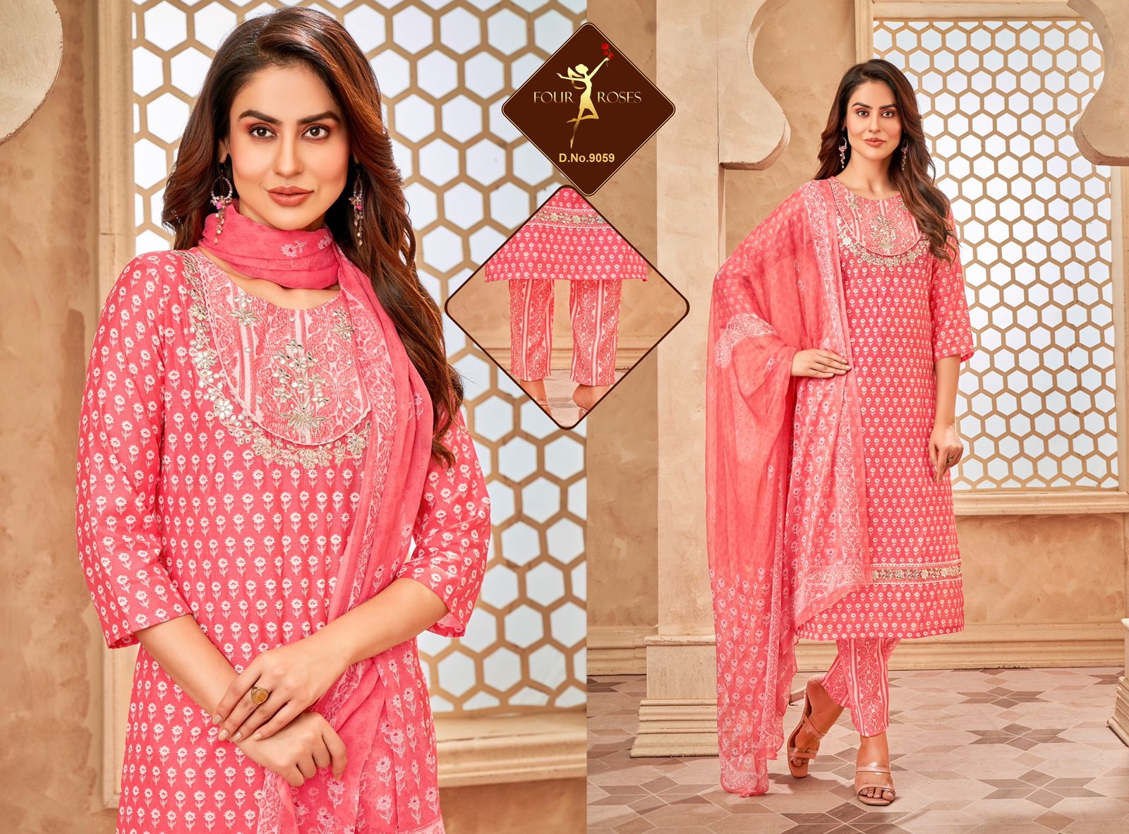 four roses four roses D No 9058 9059 cotton new and modern style top bottom with dupatta catalog