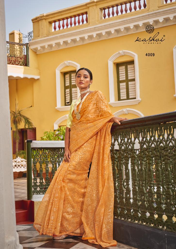 lt saree kashvi creation apsara organza silk graceful print saree catalog