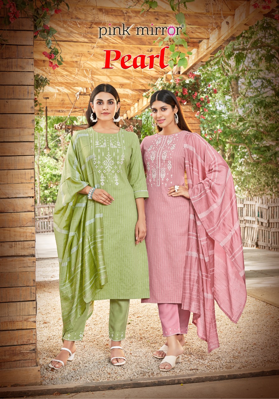pink mirror pearl viscose decent embroidary look top with pant and dupatta catalog