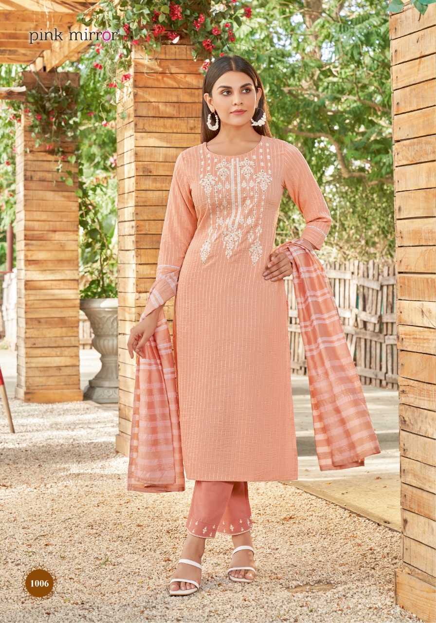pink mirror pearl viscose decent embroidary look top with pant and dupatta catalog