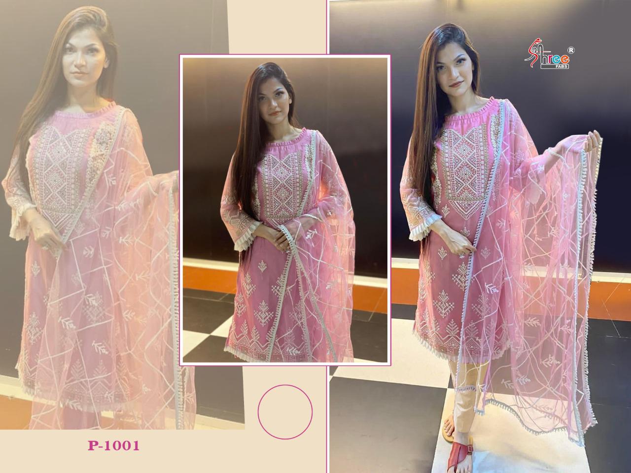 shree fab pink rubby organza attrective look kurti pant with dupatta catalog
