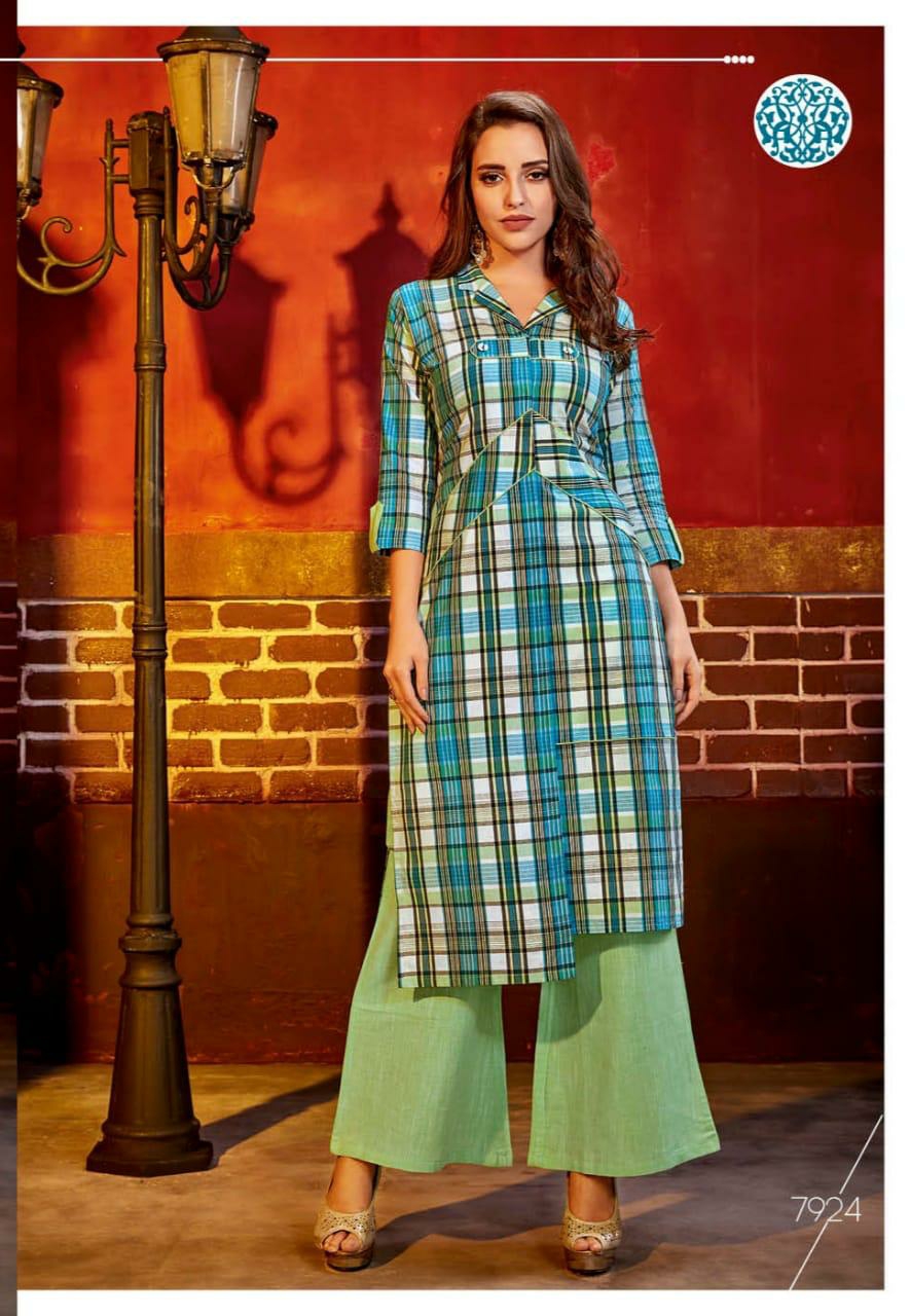 Krishriyaa fashion flaunt vol 2 brings latest fashion checks with stripes kurti with plazzo concept