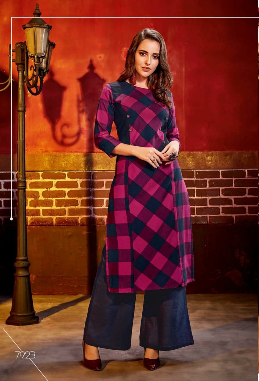Krishriyaa fashion flaunt vol 2 brings latest fashion checks with stripes kurti with plazzo concept