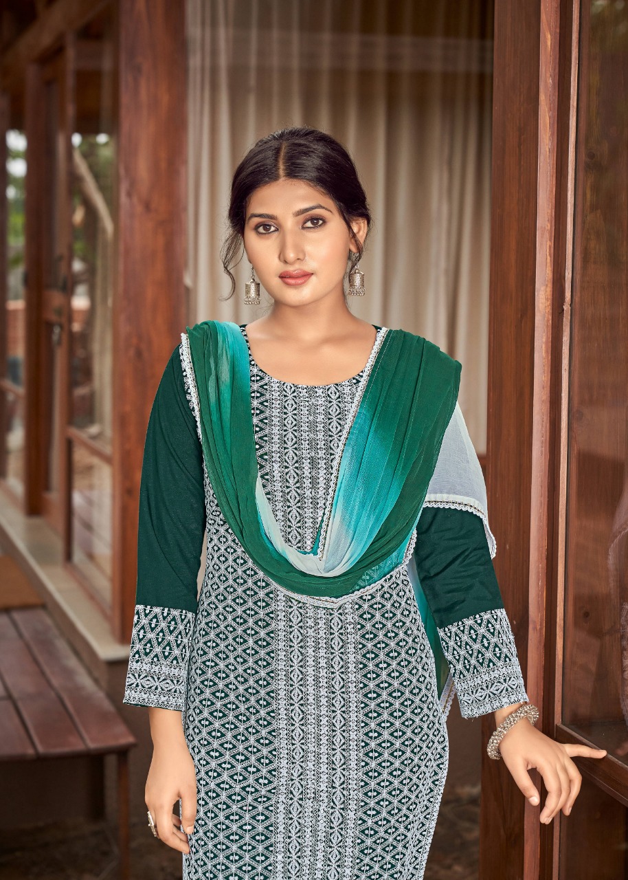 banwery fashion schiffli 2 rayon classic trendy look  top with pant and dupatta  catalog