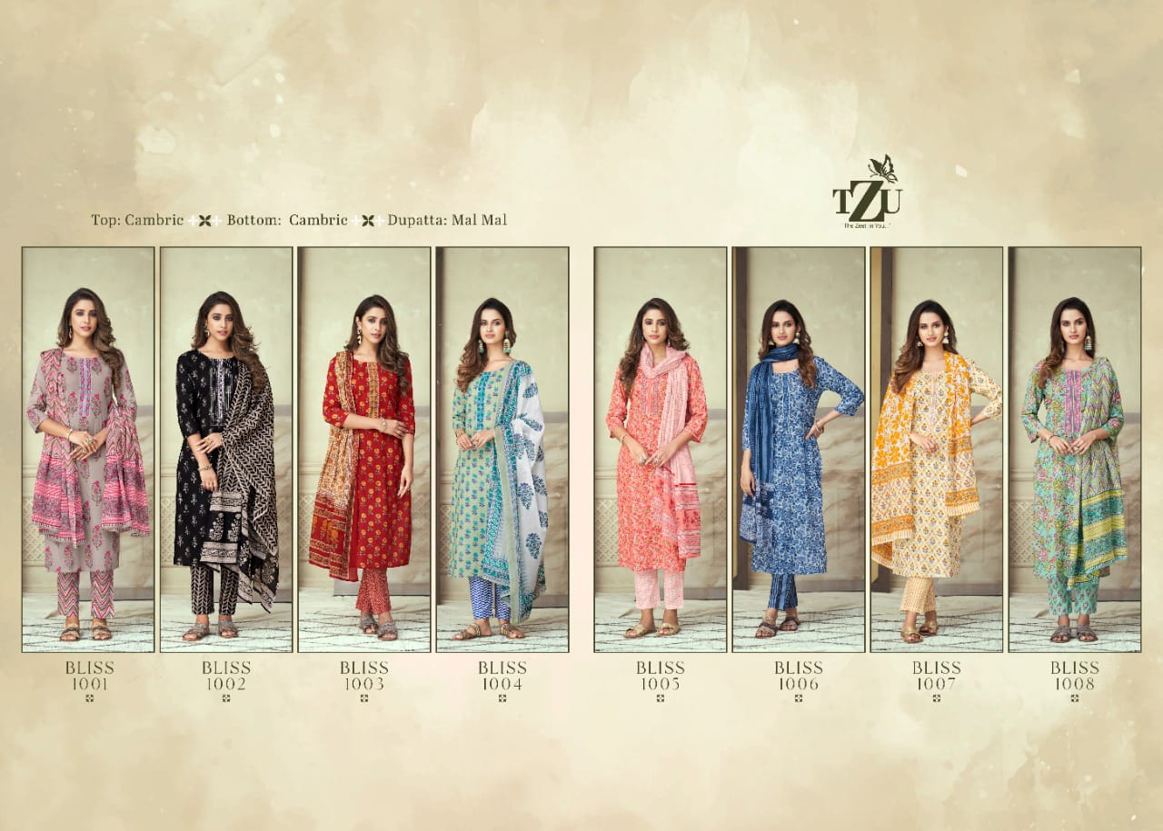 tzu bilss 1001 to 1008 cambric cotton new and modern style top bottom with dupatta catalog