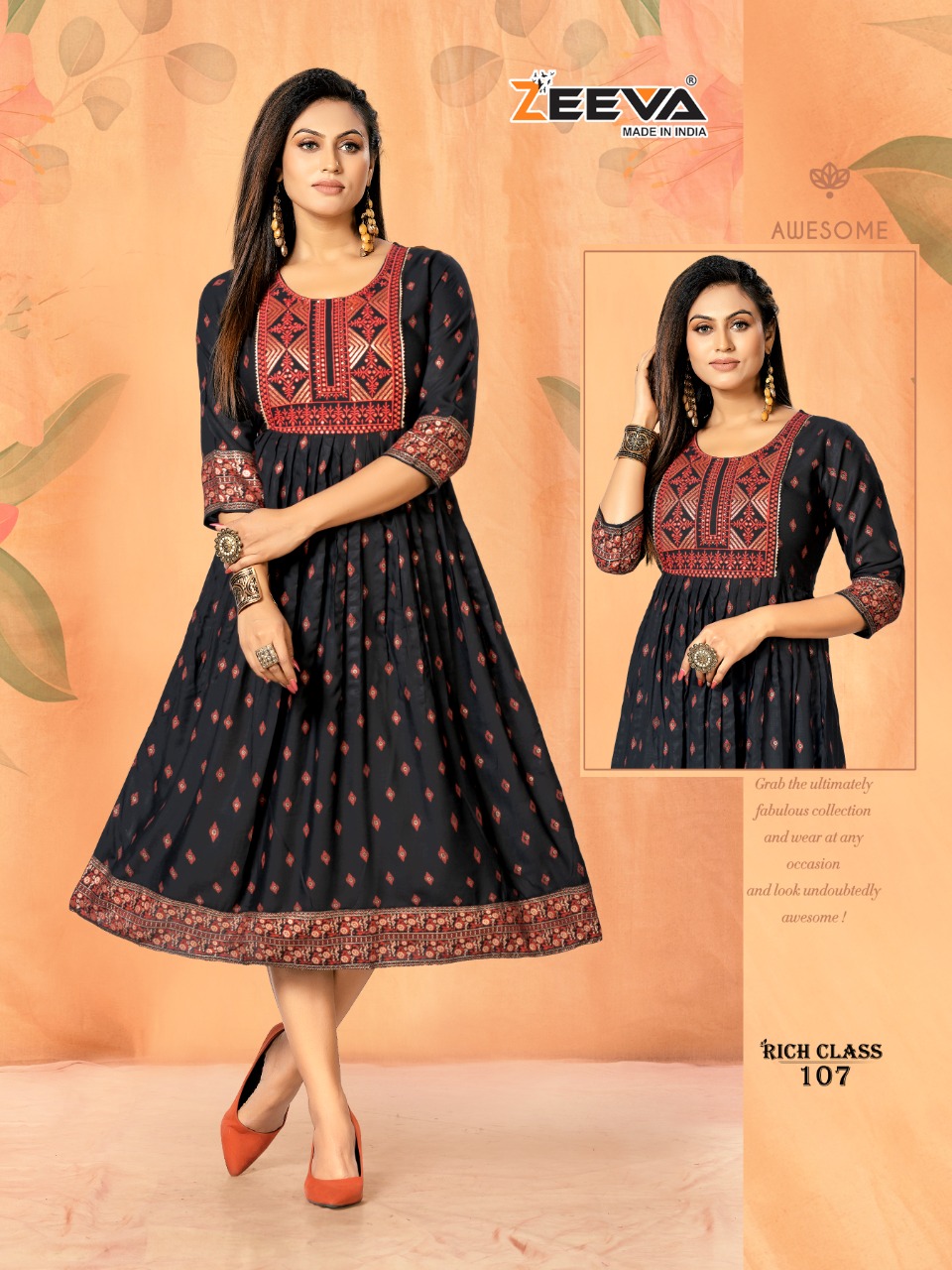 zeeva rich class rayon exclusive look ghera kurti catalog