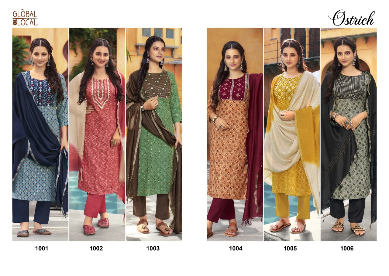 global local ostrich rayon elegant look top with pant and dupatta catalog