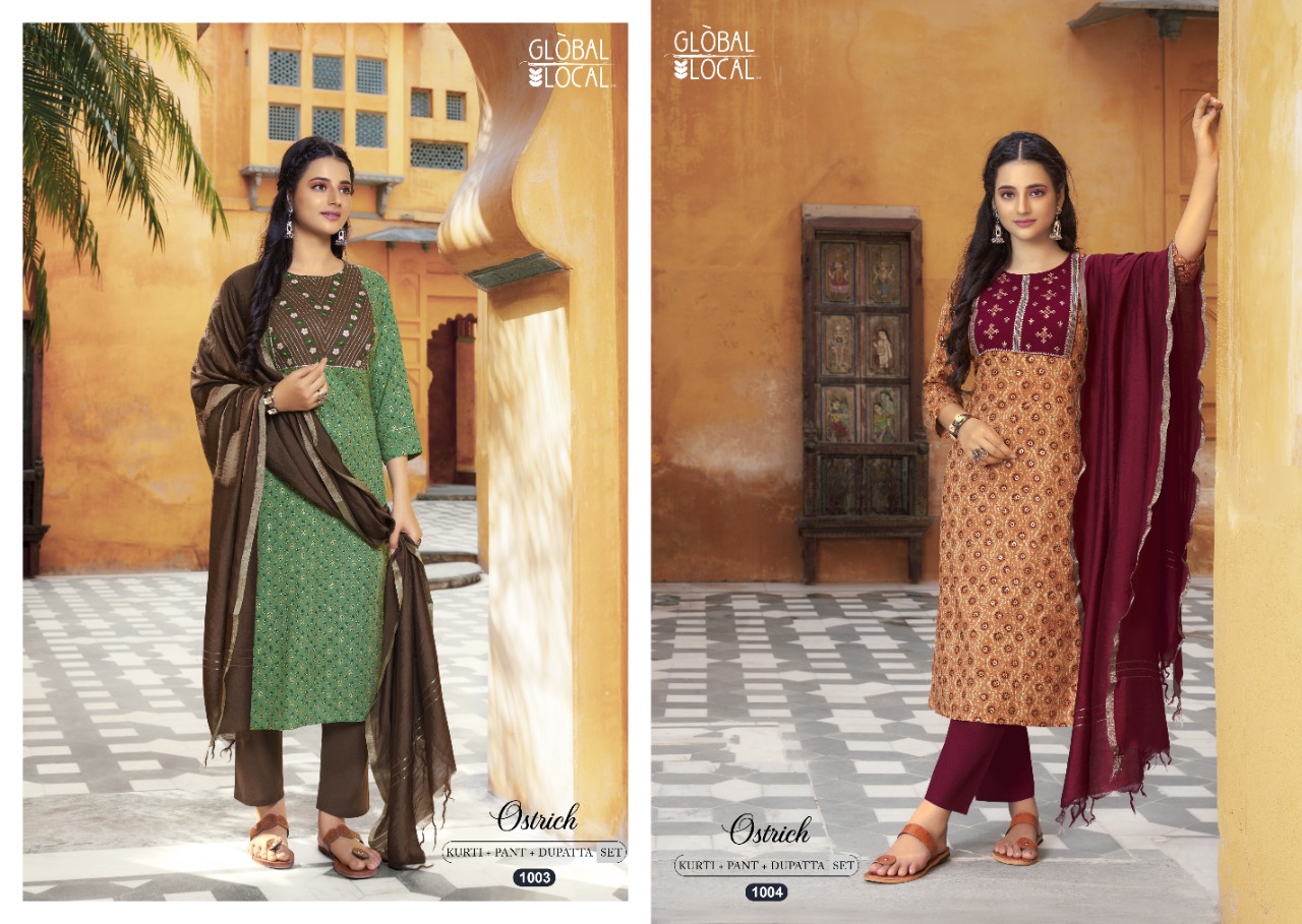 global local ostrich rayon elegant look top with pant and dupatta catalog