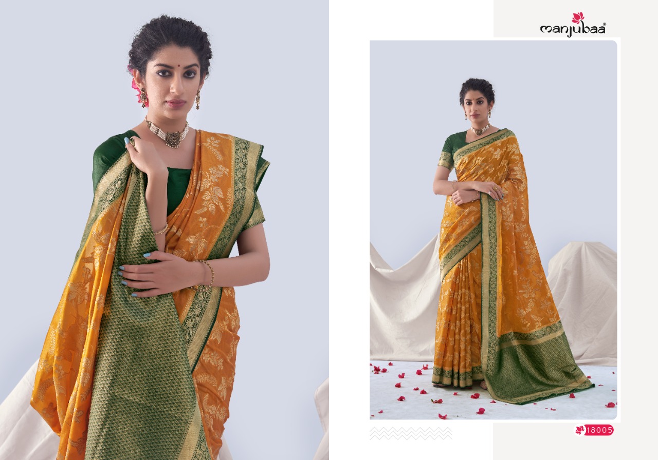 manjubaa madhushree silk 5 series 18001 to 18006 silk organza regal look saree catalog