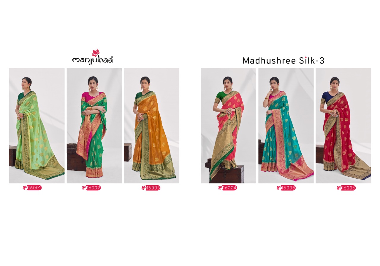 manjubaa madushree silk 3 silk organza attractive look saree catalog