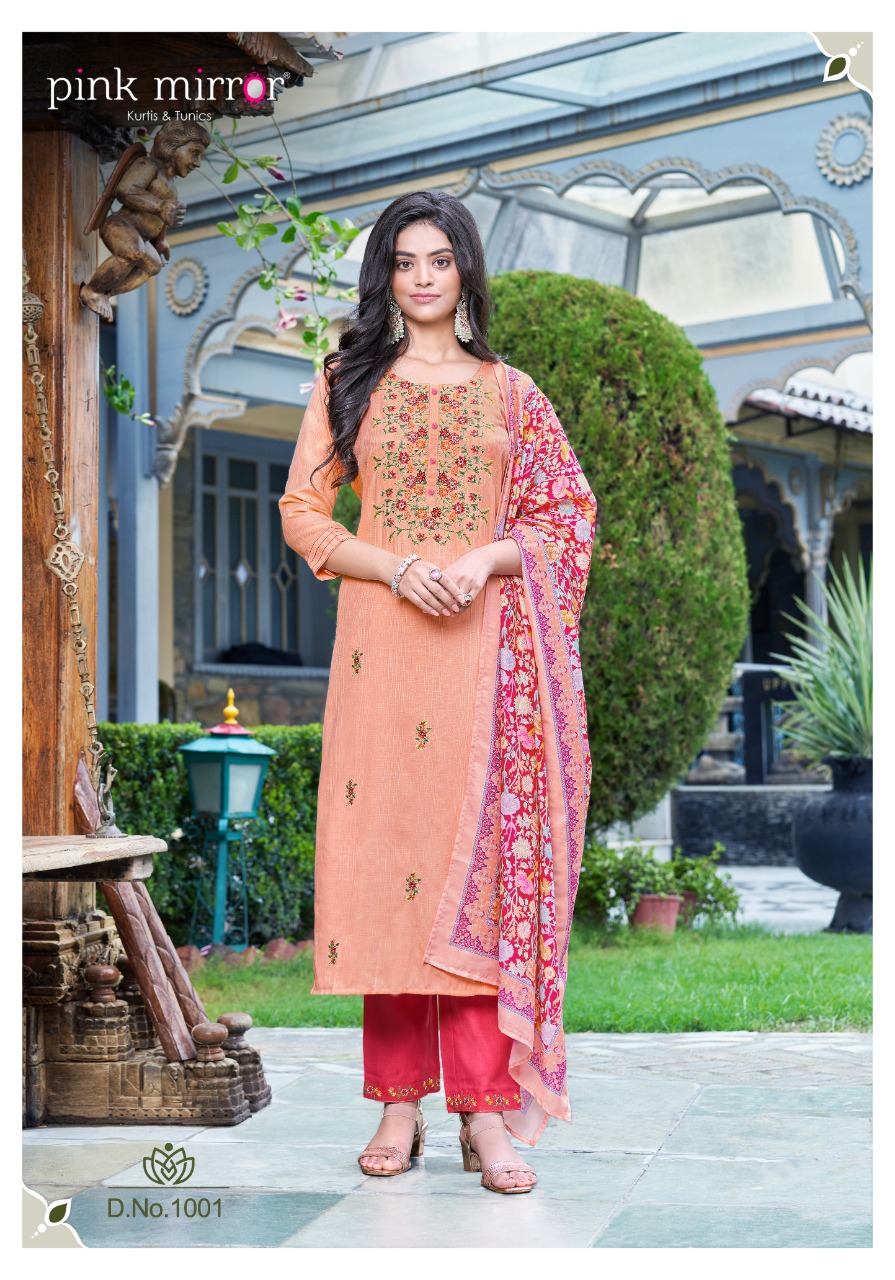 pink mirror inspire viscose decent embroidary look top with pant and dupatta catalog