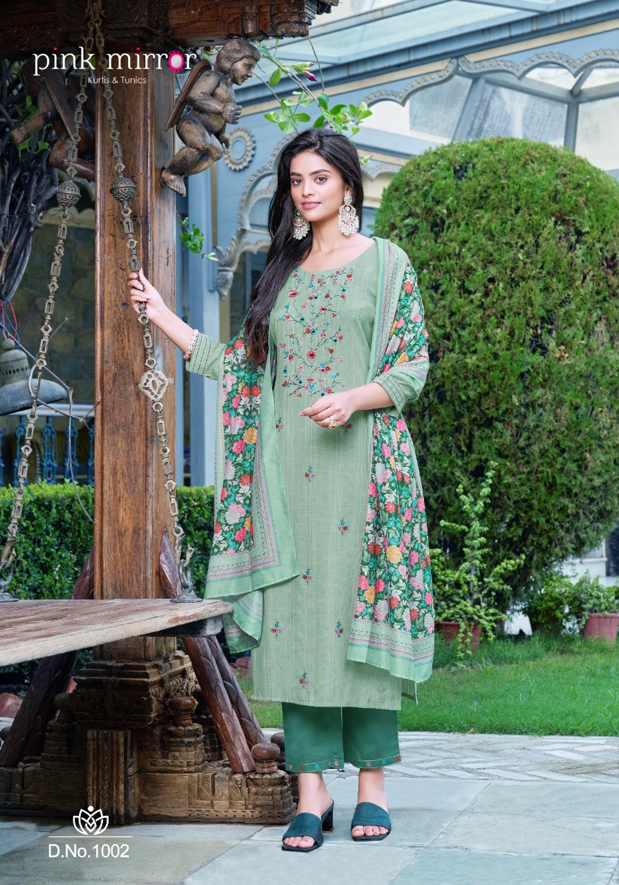 pink mirror inspire viscose decent embroidary look top with pant and dupatta catalog