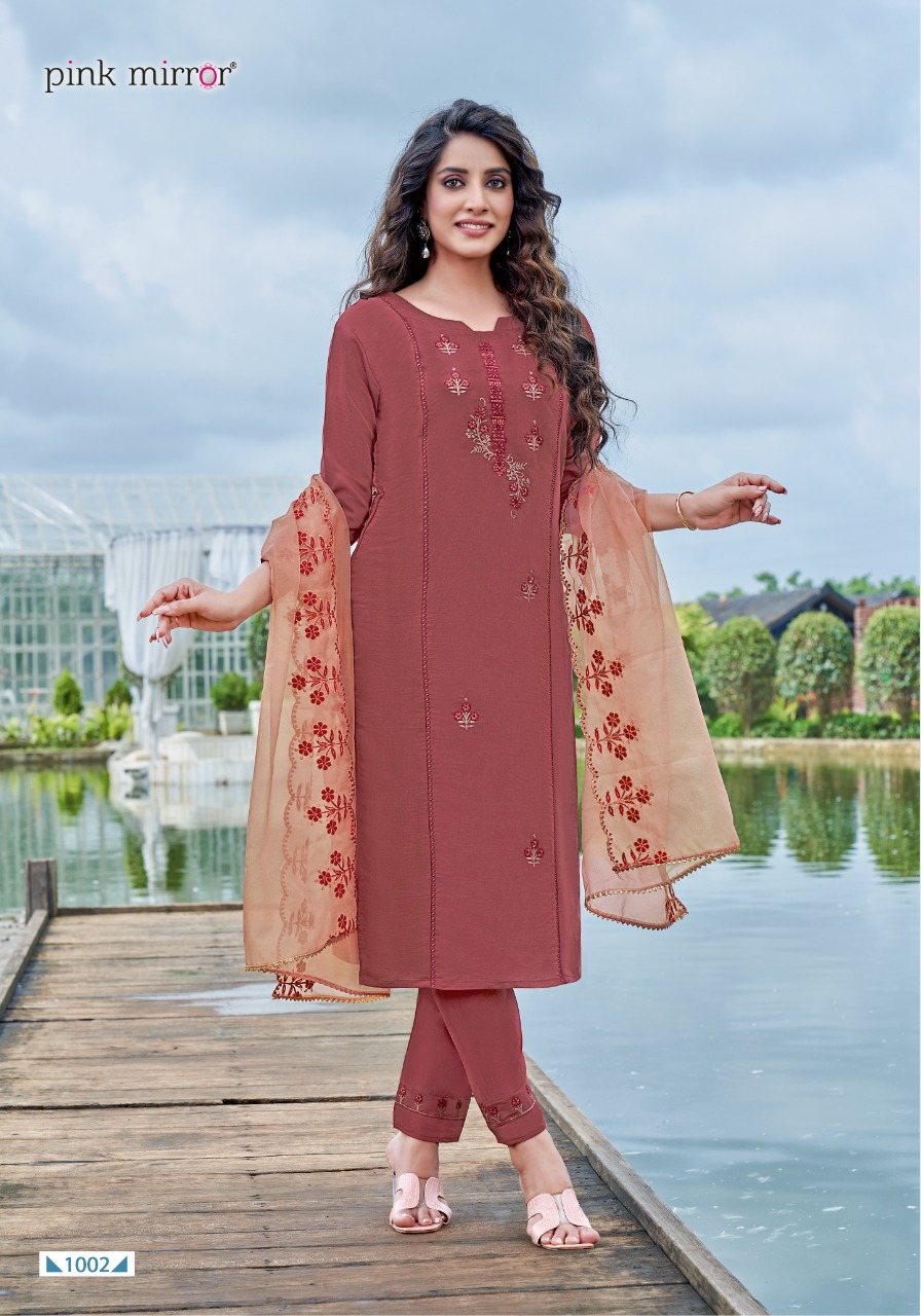 pink mirror sunshine silk decent embroidary look top with pant and dupatta catalog