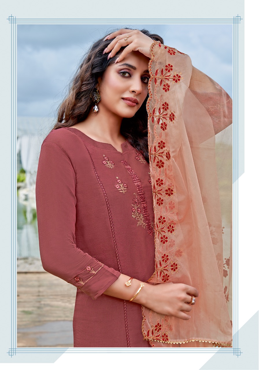 pink mirror sunshine silk decent embroidary look top with pant and dupatta catalog