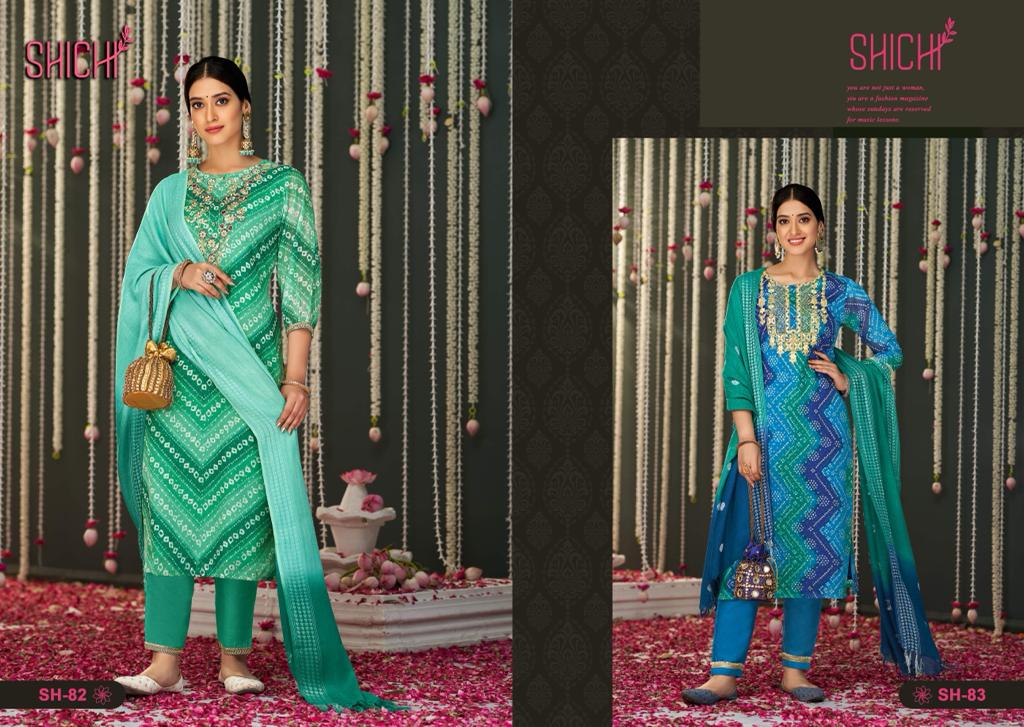 shichi indo fashion Bandhej chiffon new and modern style top bottom with dupatta catalog