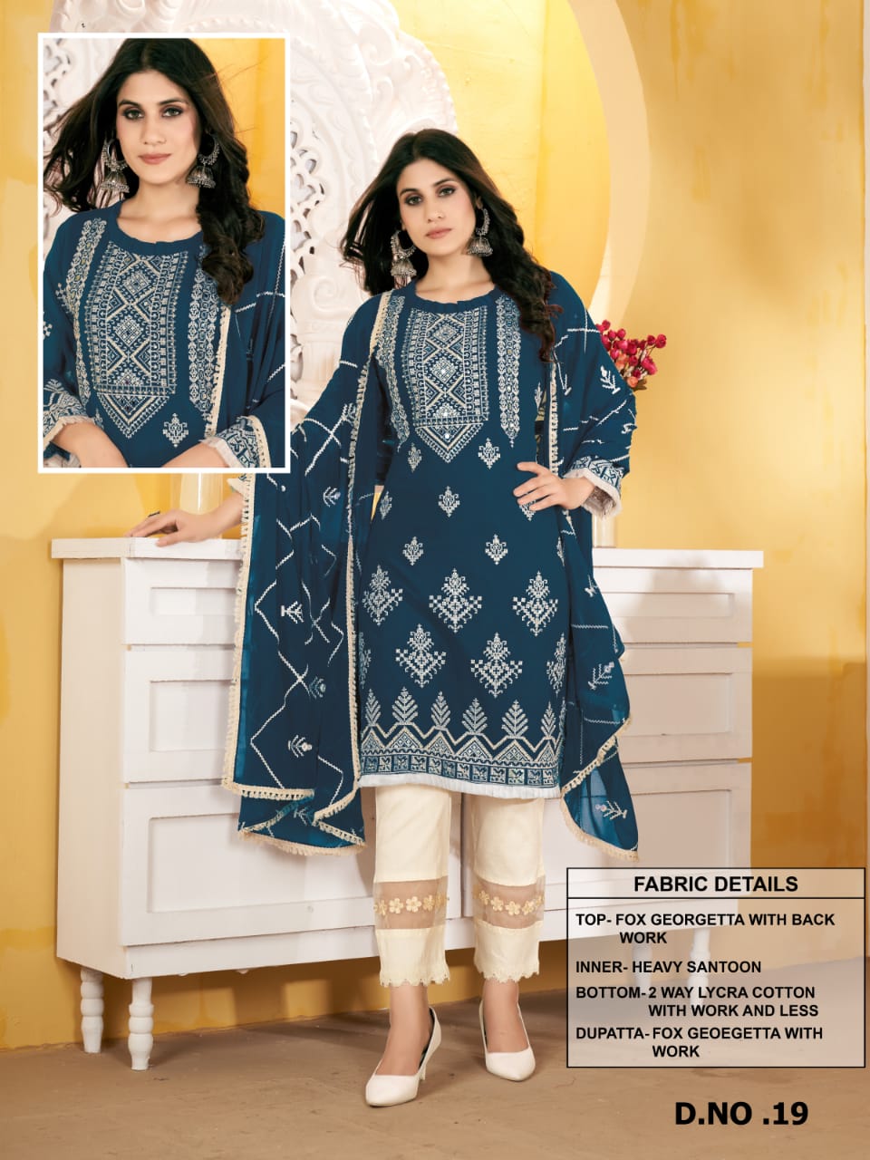 aarshtm aarshtm d no 019 georgette attrective embroidary look top bottom with dupatta catalog