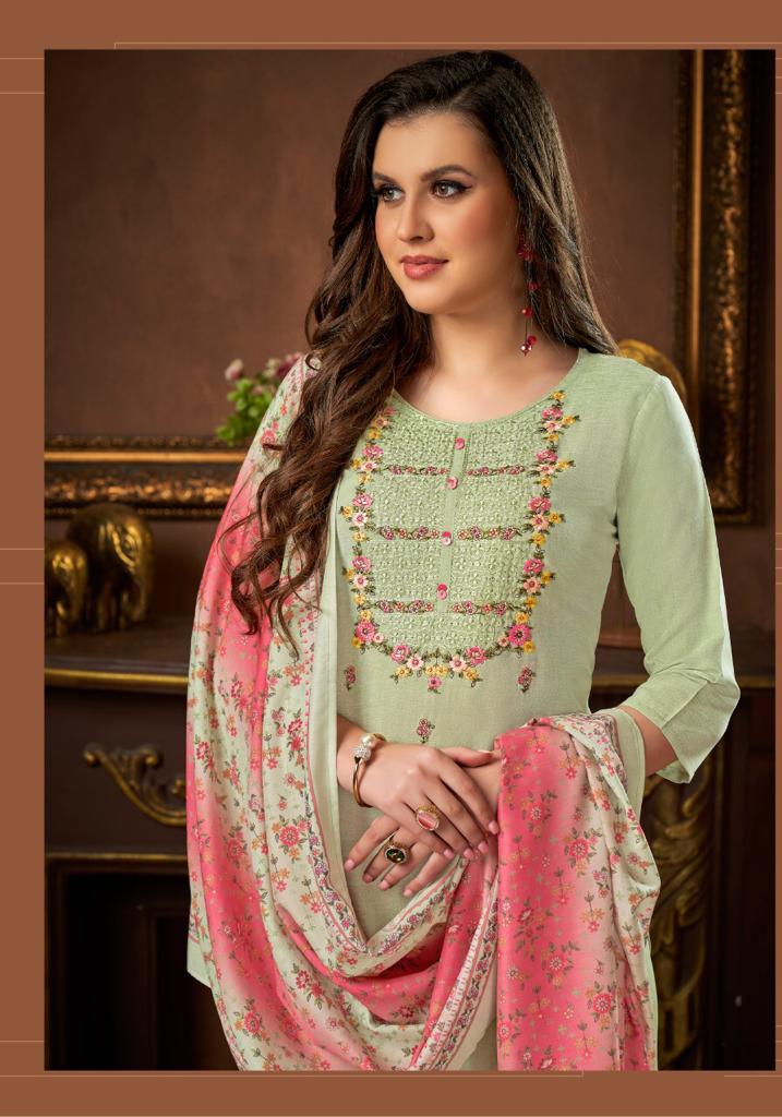 pink mirror precious viscose silk attrective embroidary look top with pant and dupatta catalog
