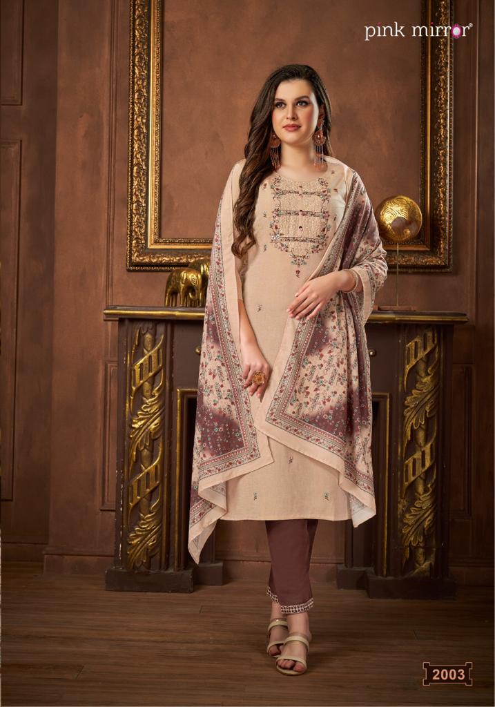pink mirror precious viscose silk attrective embroidary look top with pant and dupatta catalog