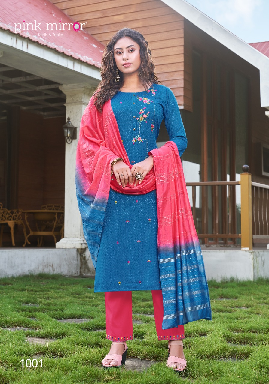 pink mirror roseberry viscose decent embroidary look top with pant and dupatta catalog