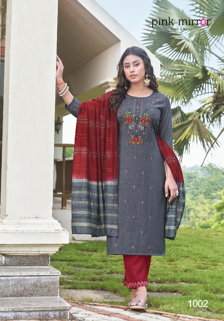 pink mirror roseberry viscose decent embroidary look top with pant and dupatta catalog