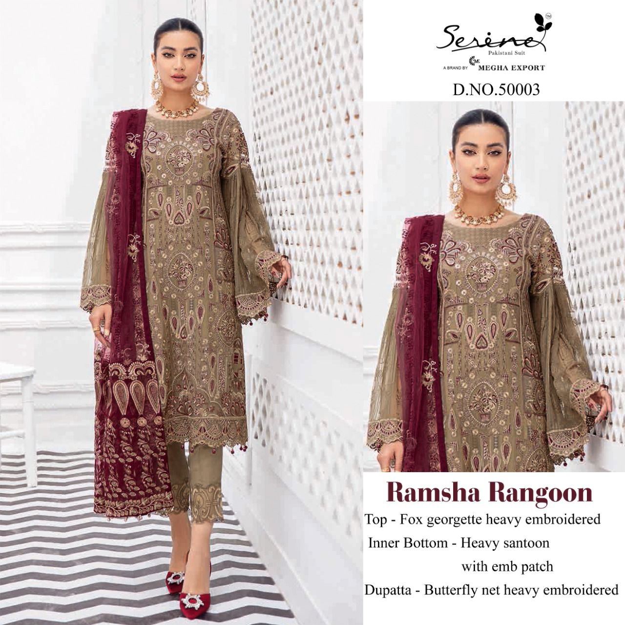 serine megha exports ramsha rangoon georgette decent look salwar suit catalog