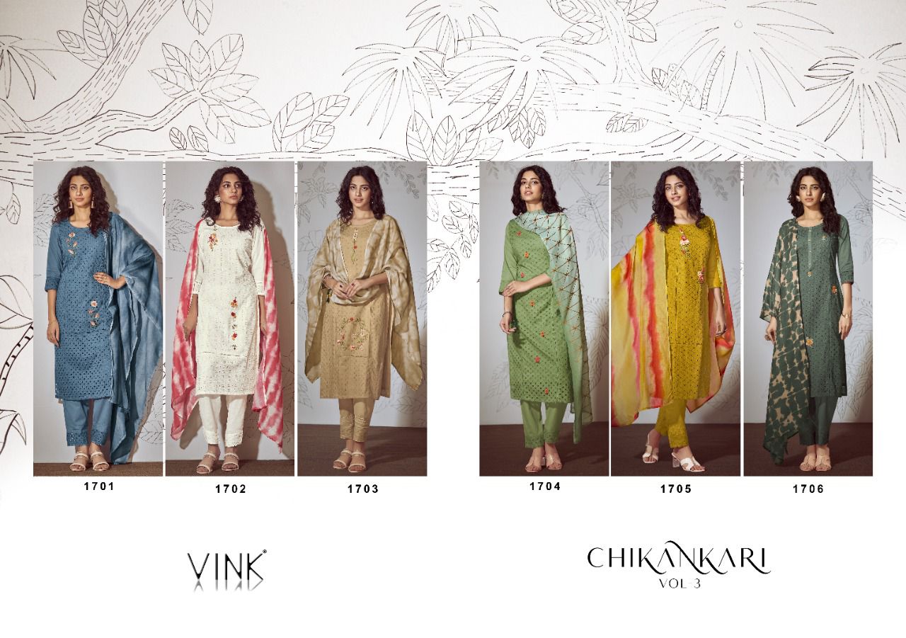 vink chikankari 3 cotton gorgeous look top bottom with dupatta catalog