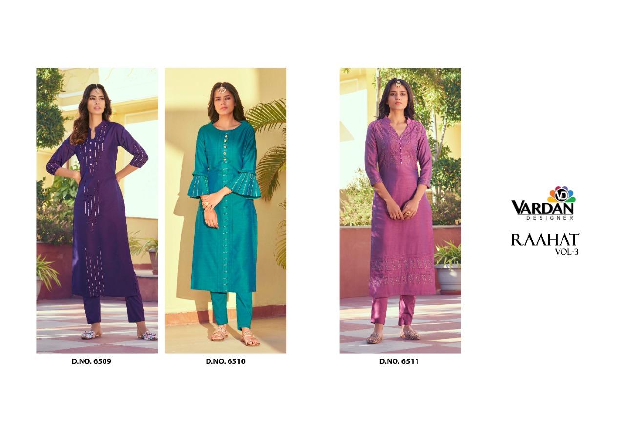 vardan designer raahat vol 3 roman silk exclusive look kurti with pant catalog