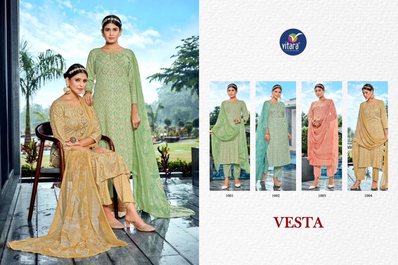 vitara fashion vesta capsul foil print elegant look top with pant and dupatta catalog