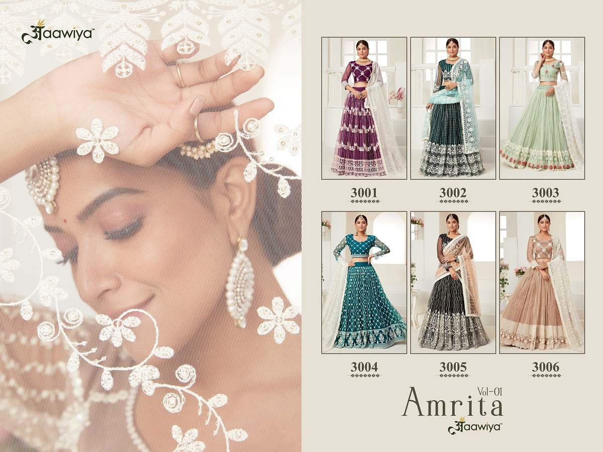 aawiya official amrita vol 1 heavy net cotton gorgeous look lehngha catalog