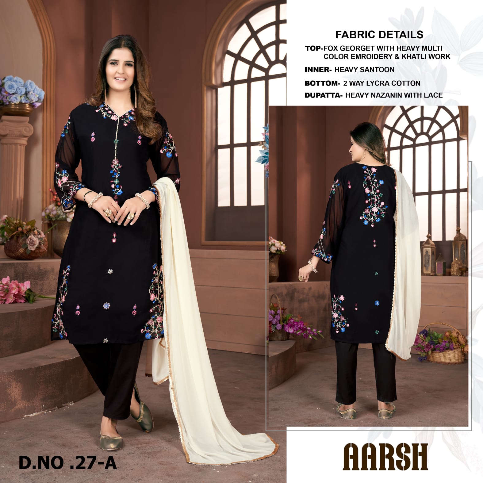 aarshtm aarshtm d no 027 georgette catchy  look top bottom with dupatta catalog