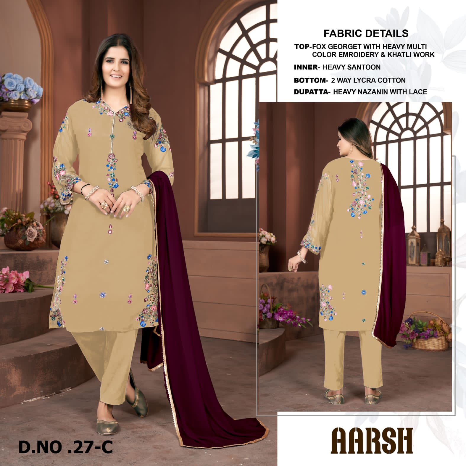 aarshtm aarshtm d no 027 georgette catchy  look top bottom with dupatta catalog