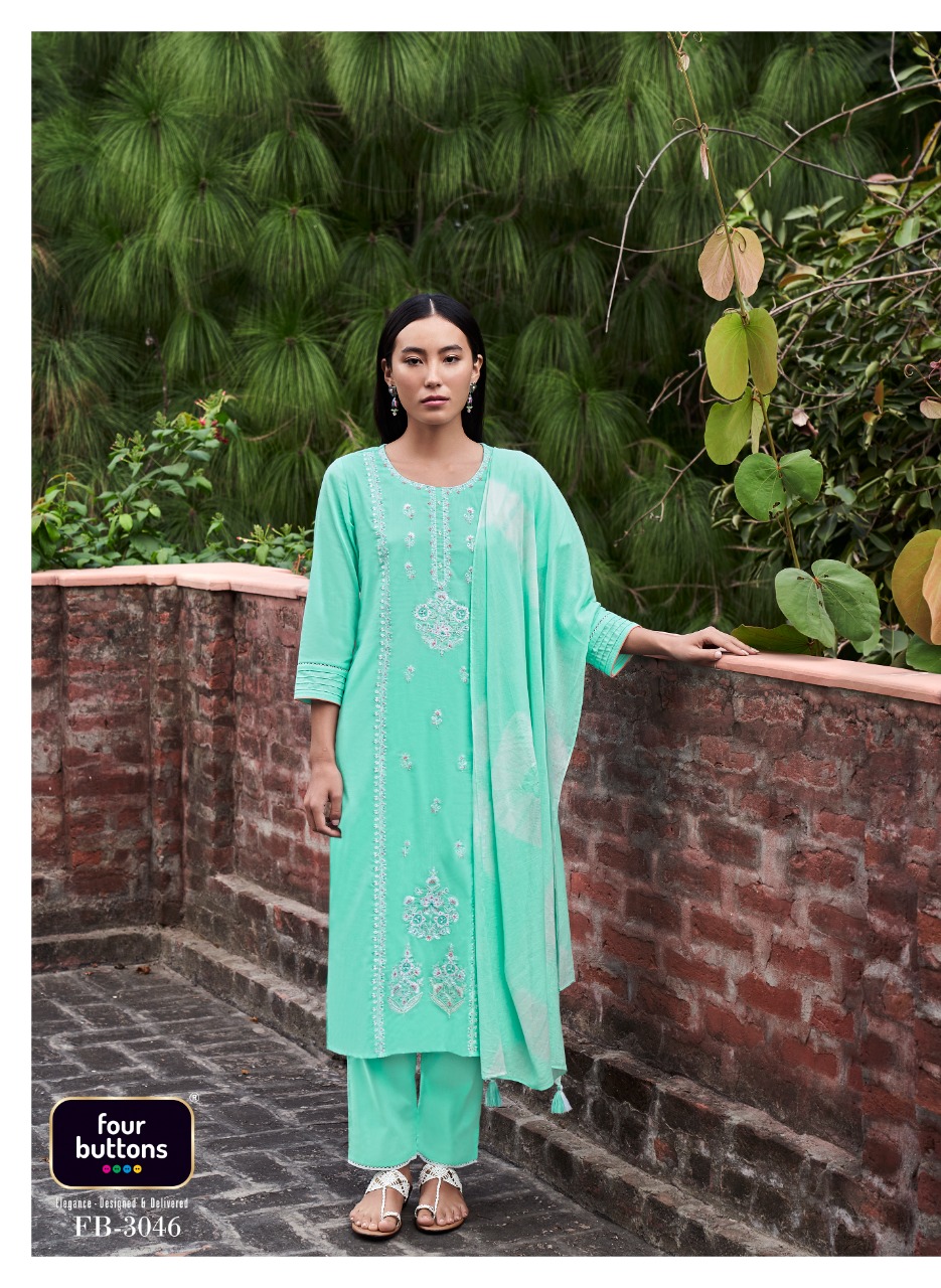 four buttons fanaa cotton decent embroidery look top bottom with dupatta catalog