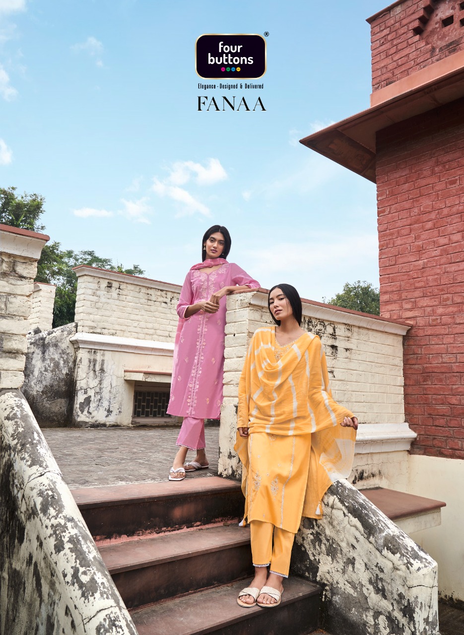 four buttons fanaa cotton decent embroidery look top bottom with dupatta catalog