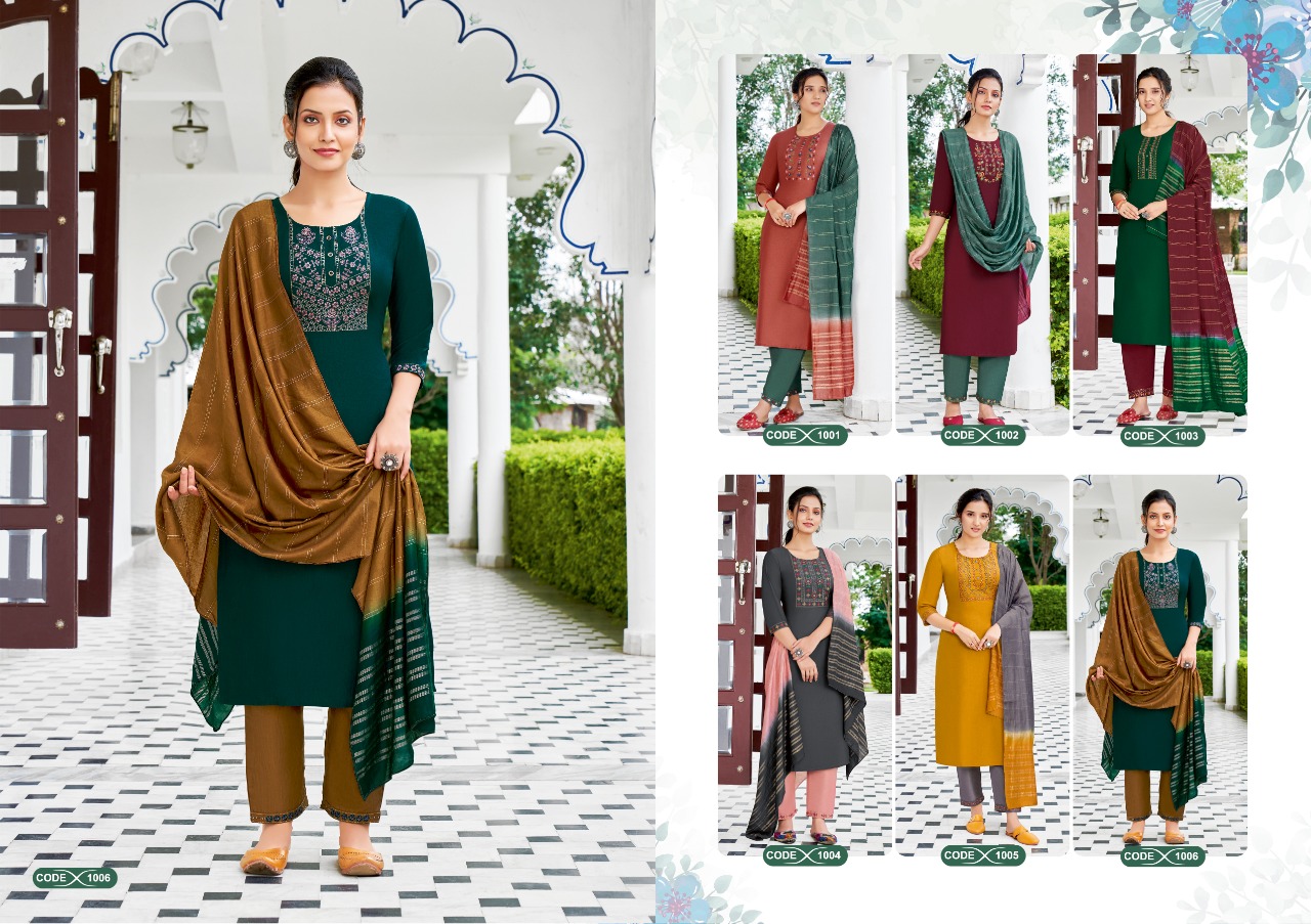 jinesh nx nazrana chinon silk beauiful colours kurti pant with dupatta catalog