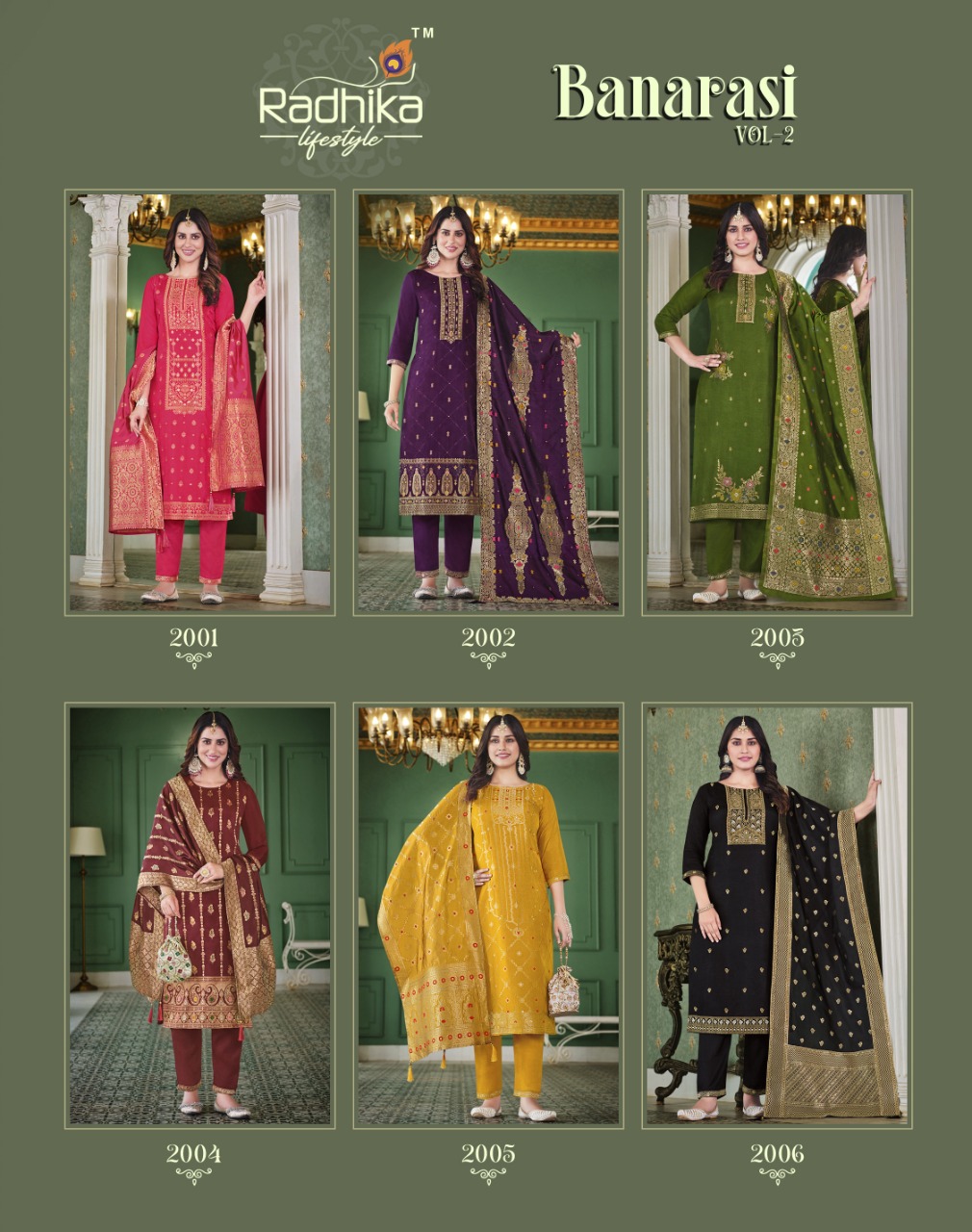 radhika   lifestyle banarasi vol 2 dola silk attractive look top bottom with dupatta catalog