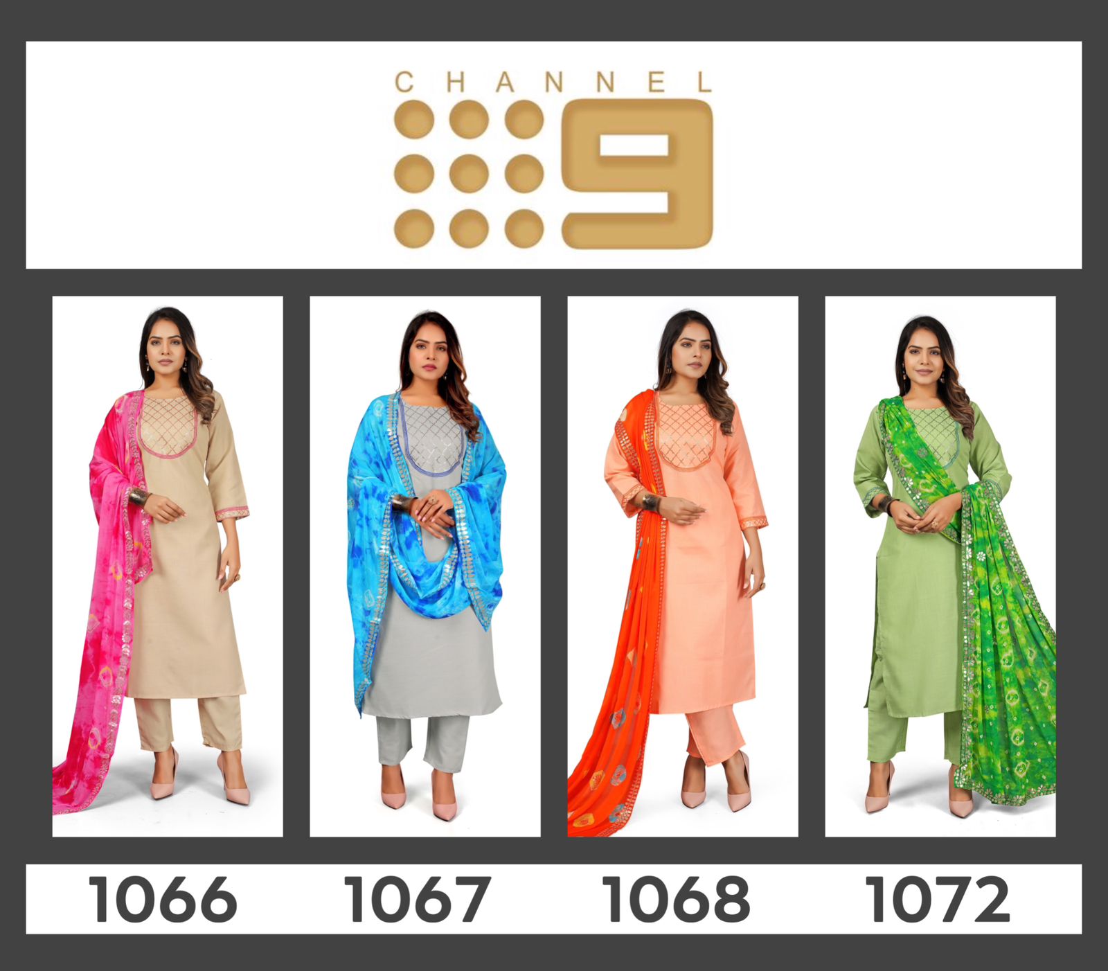 chanel 9 chenal 9 sku 1066 1067 1068 1072 attractive look top bottom with dupatta size set