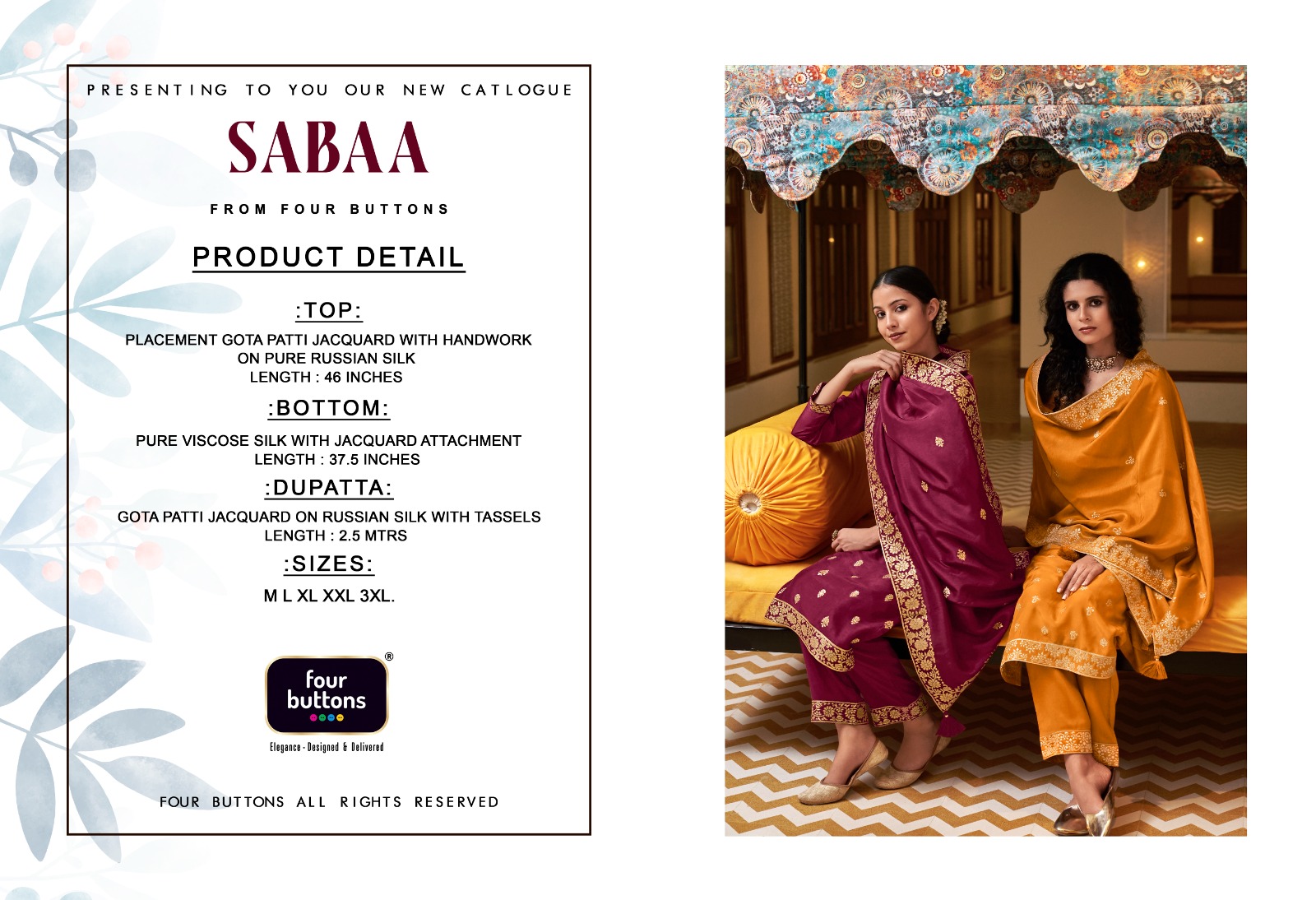 four buttons sabaa viscose silk attrective embroidery look top bottom with dupatta catalog