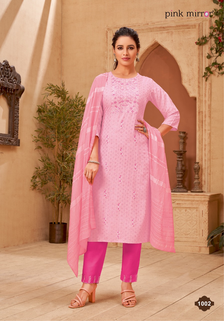 pink mirror portrait viscose decent embroidery look top pant with dupatta catalog