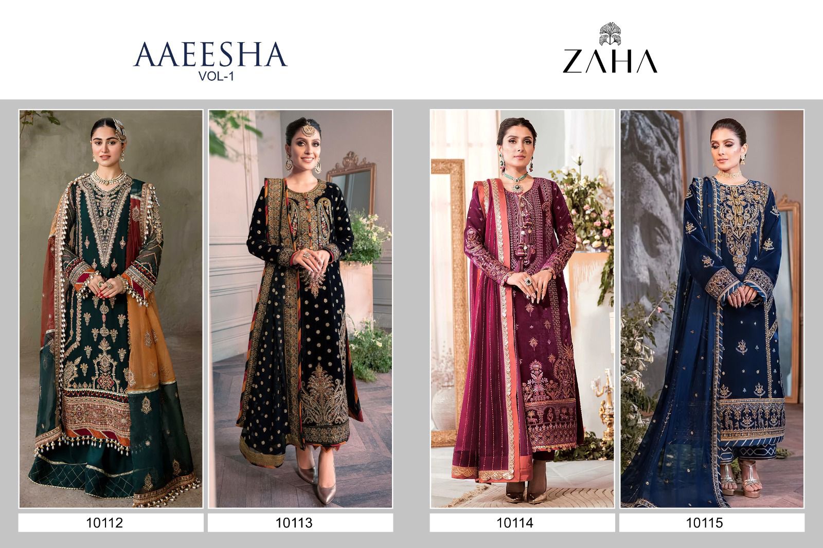 zaha aaeesha vol 1 DNO 10112 10113 10114 10115 georgette regal look salwar suit catalog