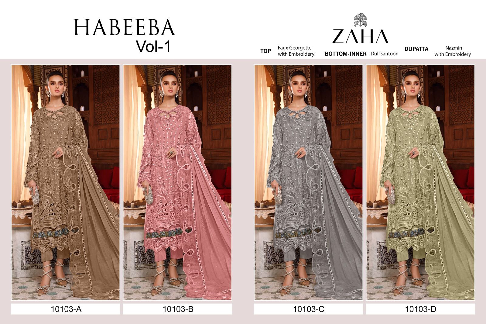 zaha habeeba vol 1 d no 10103 a b c d  georgette catchy llok salwar suit catalog
