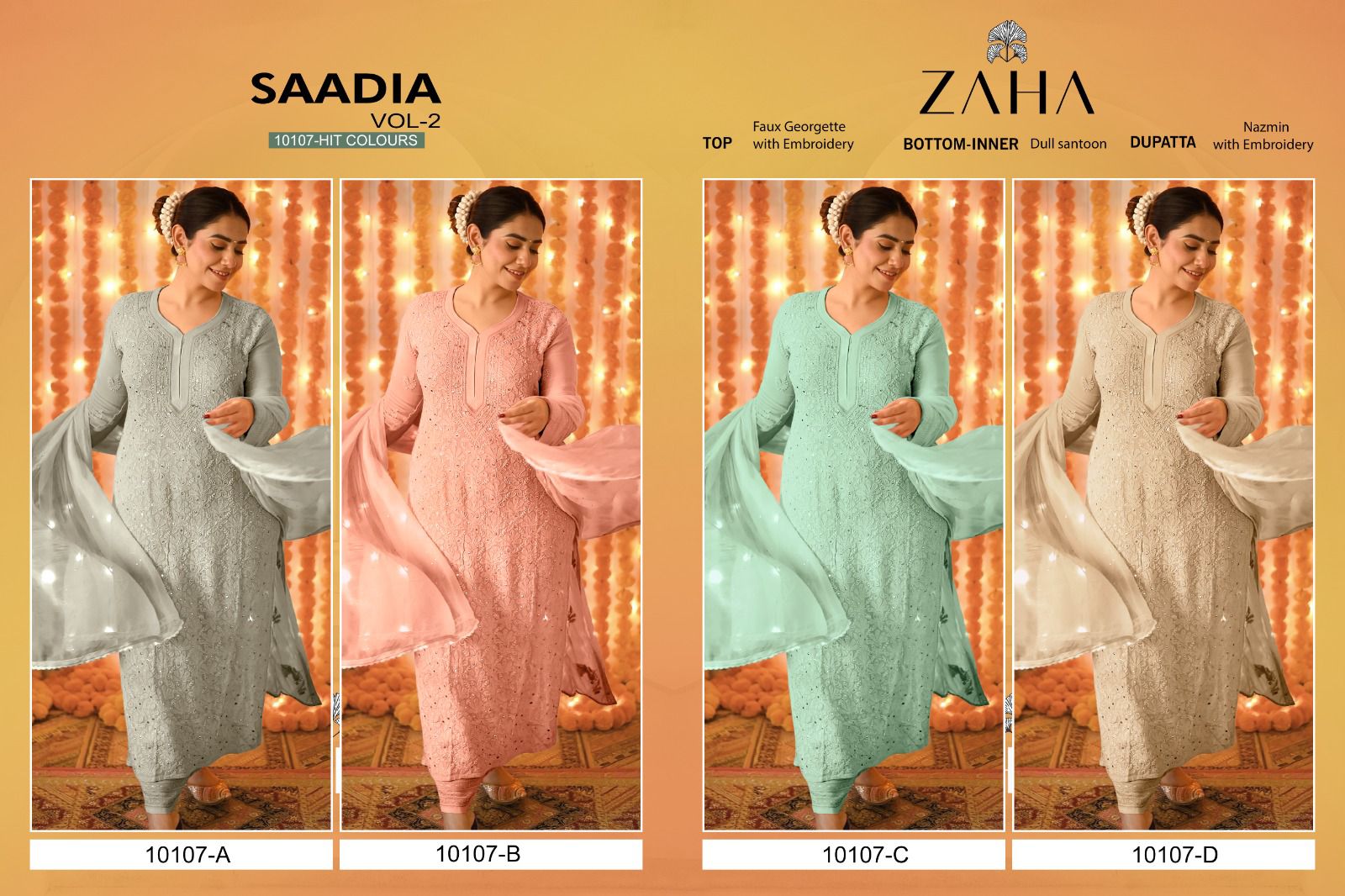 zaha saadia vol 2 d no 10107 a b c d georgtte decent look salwar suit catalog