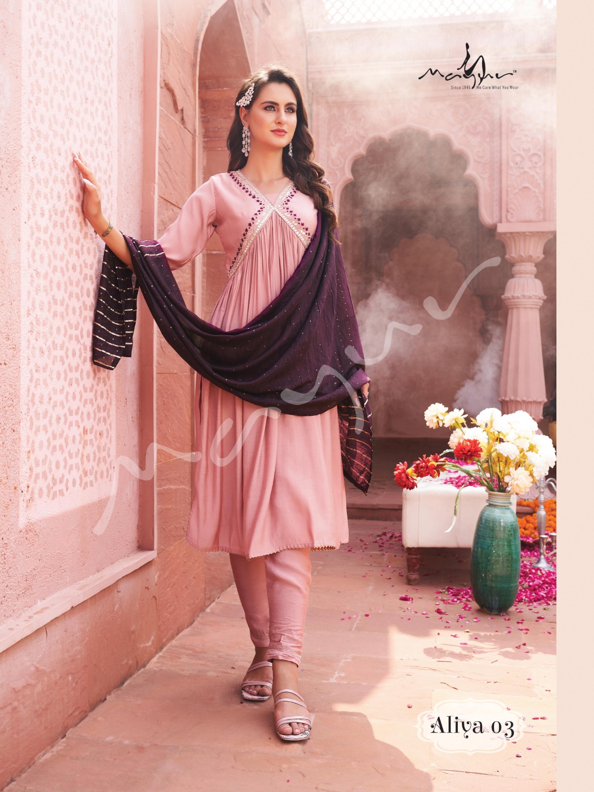 mayur aliya viscose silk gorgeous look top pant with dupatta catalog