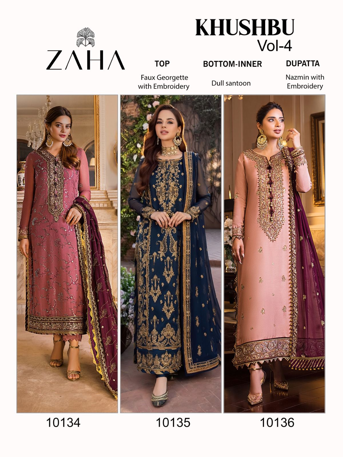 zaha khushboo 4 d no 10134 10135 10136 georgette regal look salwar suit single